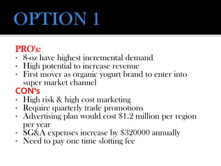 PRO's:
• 8-oz have highest incremental demand
• High potential to increase revenue
• First mover as organic yogurt brand to enter into
super market channel
CON's
• High risk & high cost marketing
• Require quarterly trade promotions
• Advertising plan would cost $1.2 million per region
per year
• SG&A expenses increase by $320000 annually
• Need to pay one time slotting fee
 