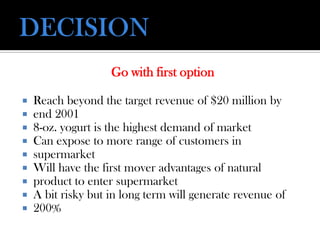 Go with first option
 Reach beyond the target revenue of $20 million by
 end 2001
 8-oz. yogurt is the highest demand of market
 Can expose to more range of customers in
 supermarket
 Will have the first mover advantages of natural
 product to enter supermarket
 A bit risky but in long term will generate revenue of
 200%
 
