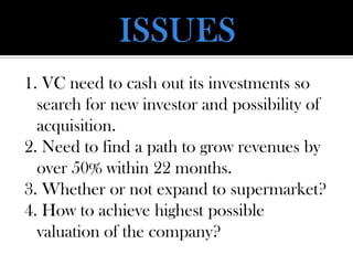1. VC need to cash out its investments so
search for new investor and possibility of
acquisition.
2. Need to find a path to grow revenues by
over 50% within 22 months.
3. Whether or not expand to supermarket?
4. How to achieve highest possible
valuation of the company?
 