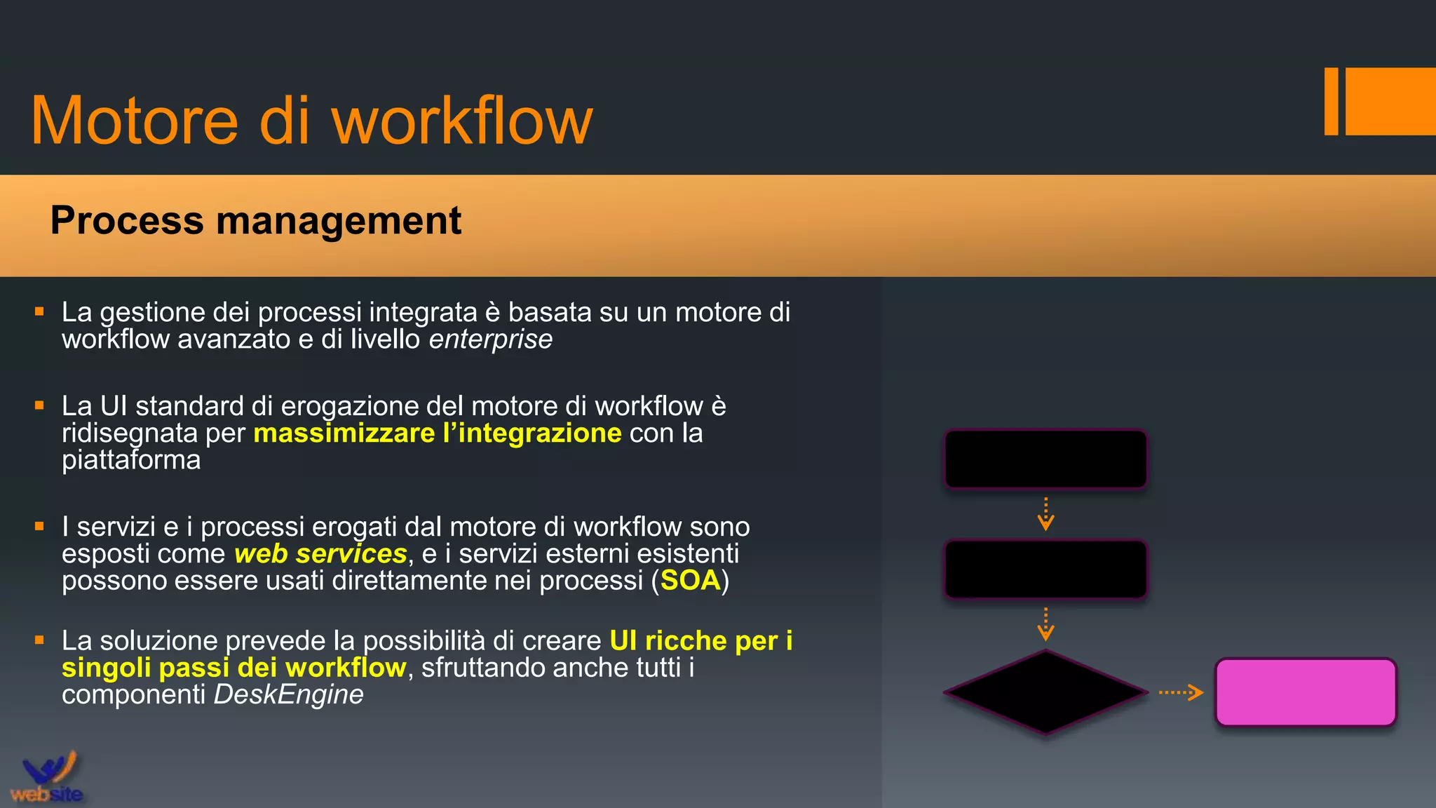Motore di workflow
 La gestione dei processi integrata è basata su un motore di
workflow avanzato e di livello enterprise
 La UI standard di erogazione del motore di workflow è
ridisegnata per massimizzare l’integrazione con la
piattaforma
 I servizi e i processi erogati dal motore di workflow sono
esposti come web services, e i servizi esterni esistenti
possono essere usati direttamente nei processi (SOA)
 La soluzione prevede la possibilità di creare UI ricche per i
singoli passi dei workflow, sfruttando anche tutti i
componenti DeskEngine
Process management
 