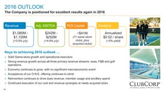 30
2016 OUTLOOK
The Company is positioned for excellent results again in 2016
30
Keys to achieving 2016 outlook …
» Solid Same-store growth and operational execution
» Strong revenue growth across all three primary revenue streams: dues, F&B and golf
operations
» Economy continues to grow, with no significant macroeconomic event
» Acceptance of our O.N.E. offering continues to climb
» Reinvention continues to drive dues revenue, member usage and ancillary spend
» Continued execution of our cost and revenue synergies at newly acquired clubs
$1,085M -
$1,105M
(+3-5% y/y)
Revenue
$242M -
$252M
(+4-8% y/y)
Adj. EBITDA
~$41M
(11 same-store
clubs, plus
acquired clubs)
ROI Capital
Annualized
$0.52 / share
(~5% yield)
Dividend
 