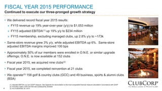 4
FISCAL YEAR 2015 PERFORMANCE
Continued to execute our three-pronged growth strategy
• We delivered record fiscal year 2015 results:
» FY15 revenue up 19% year-over-year (y/y) to $1,053 million
» FY15 adjusted EBITDA(1) up 19% y/y to $234 million
» FY15 membership, excluding managed clubs, up 2.8% y/y to ~173k
• Same-store revenue grew 3% y/y, while adjusted EBITDA up 6%. Same-store
adjusted EBITDA margins improved 100 bps
• Approximately 50% of our members were enrolled in O.N.E. or similar upgrade
offerings; O.N.E. is now available at 152 clubs
• Fiscal year 2015, we acquired nine clubs(2)
• Fiscal year 2015, we completed reinvention at 21 clubs
• We operate(3) 158 golf & country clubs (GCC) and 49 business, sports & alumni clubs
(BSA)
4
(1) Adjusted EBITDA is a non-GAAP measure. See Appendix for reconciliation to the most comparable financial measure calculated in accordance with GAAP
(2) Including Legacy Golf Club that was subsequently divested
(3) As of December 29, 2015
 