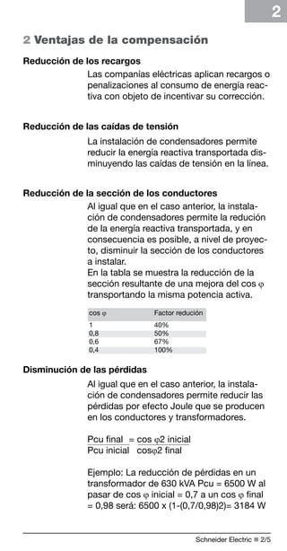 2 Ventajas de la compensación 
Reducción de los recargos 
Schneider Electric n 2/ 
2 
Las companías eléctricas aplican recargos o 
penalizaciones al consumo de energía reac-tiva 
con objeto de incentivar su corrección. 
Reducción de las caídas de tensión 
La instalación de condensadores permite 
reducir la energía reactiva transportada dis-minuyendo 
las caídas de tensión en la línea. 
Reducción de la sección de los conductores 
Al igual que en el caso anterior, la instala-ción 
de condensadores permite la redución 
de la energía reactiva transportada, y en 
consecuencia es posible, a nivel de proyec-to, 
disminuir la sección de los conductores 
a instalar. 
En la tabla se muestra la reducción de la 
sección resultante de una mejora del cos ϕ 
transportando la misma potencia activa. 
cos ϕ Factor redución 
1 40% 
0,8 50% 
0,6 67% 
0,4 100% 
Disminución de las pérdidas 
Al igual que en el caso anterior, la instala-ción 
de condensadores permite reducir las 
pérdidas por efecto Joule que se producen 
en los conductores y transformadores. 
Pcu final = cos ϕ2 inicial 
Pcu inicial cosϕ2 final 
Ejemplo: La reducción de pérdidas en un 
transformador de 630 kVA Pcu = 6500 W al 
pasar de cos ϕ inicial = 0,7 a un cos ϕ final 
= 0,98 será: 6500 x (1-(0,7/0,98)2)= 3184 W 
 