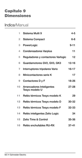 Capítulo 9: Dimensiones 
Capítulo 9 
Dimensiones 
Indice/Manual 
Sistema Multi 9 4-5 
Sistema Compact 6-8 
PowerLogic 9-11 
Condensadores Varplus 11 
Reguladores y contactores Varlogic 12 
Guardamotores GV2, GV3, GK3 12-16 
Interruptores tripolares Vario 16-17 
Minicontactores serie K 17 
Contactores D y F 18-26 
Arrancadores Inteligentes 27-28 
Tesys modelo U 
Relés térmicos Tesys modelo K 29 
Relés térmicos Tesys modelo D 30-32 
Relés térmicos Tesys modelo F 32-33 
Relés inteligentes Zelio Logic 34 
Zelio Time & Control 35-36 
Relés enchufables RU-RX 37-41 
1 
2 
3 
4 
5 
6 
7 
8 
9 
10 
11 
12 
13 
14 
15 
16 
9/ n Schneider Electric 
 