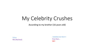 My Celebrity Crushes
According to my brother (16 years old)
Dylan
Me (Racheal)
I WANNA BE RED!!!
Fine then…
YAY!
 