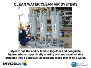 CLEAN WATER/CLEAN AIR SYSTEMS
Mycelx has the ability to bind together and coagulate
hydrocarbons, specifically altering oils and semi volatile
organics into a cohesive viscoelastic mass that repels water.
 