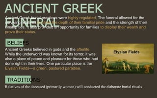ANCIENT GREEK
FUNERAL
BELIEFS
Ancient Greek burial practices were highly regulated. The funeral allowed for the
surviving relatives to show the depth of their familial pride and the strength of their
kinship ties. It also provided an opportunity for families to display their wealth and
prove their status.
Ancient Greeks believed in gods and the afterlife.
While the underworld was known for its terror, it was
also a place of peace and pleasure for those who had
done right in their lives. One particular place is the
Elysian Fields—a green, pastured paradise.
Elysian Fields
TRADITIONS
Relatives of the deceased (primarily women) will conducted the elaborate burial rituals
 