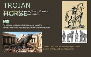 TROJAN
HORSE
Greeks used that as a subterfuge to enter
the city of Troy and win Trojan war.
"Wooden Horse" (Δούρειος Ἵππος, Doúreios
Híppos, in theHomeric Ionic dialect).
To trick or stratagem that causes a target to
invite a foe into a securely protected bastion or place
US
E
 