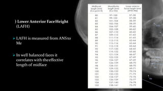 a) Lower Anterior FaceHeight
(LAFH)
 LAFH is measured from ANSto
Me
 In well balanced faces it
correlates with theeffective
length of midface
 