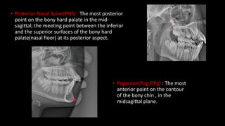• Posterior Nasal Spine(PNS) : The most posterior
point on the bony hard palate in the mid-
sagittal; the meeting point between the inferior
and the superior surfaces of the bony hard
palate(nasal floor) at its posterior aspect.
• Pogonion(Pog,P,Pg) : The most
anterior point on the contour
of the bony chin , in the
midsagittal plane.
 