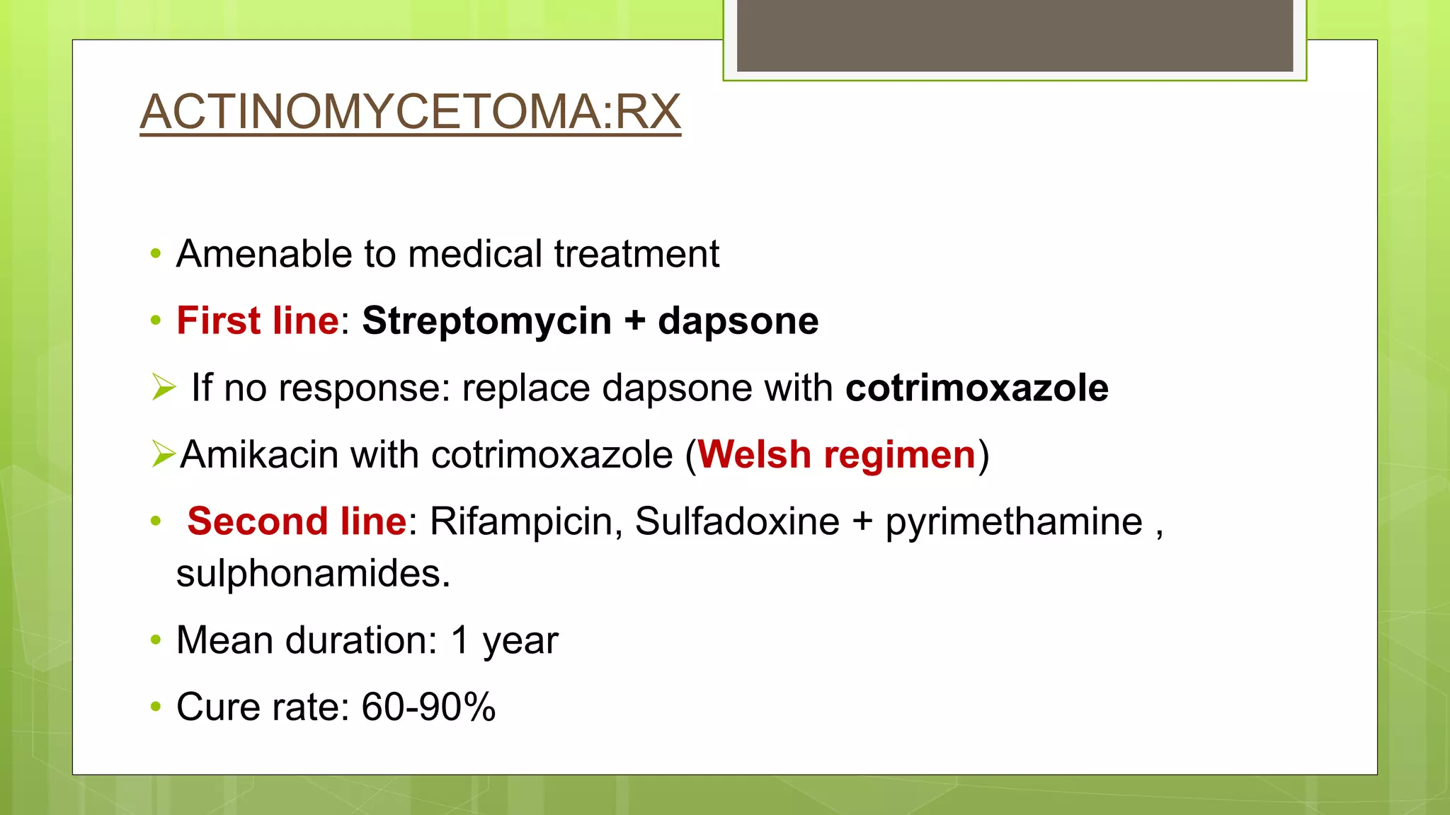 • Amenable to medical treatment
• First line: Streptomycin + dapsone
 If no response: replace dapsone with cotrimoxazole
Amikacin with cotrimoxazole (Welsh regimen)
• Second line: Rifampicin, Sulfadoxine + pyrimethamine ,
sulphonamides.
• Mean duration: 1 year
• Cure rate: 60-90%
ACTINOMYCETOMA:RX
 