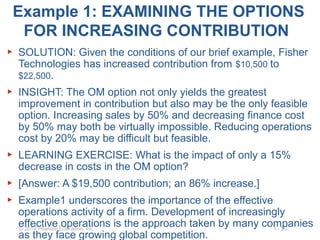 1 - 20© 2014 Pearson Education, Inc.
Example 1: EXAMINING THE OPTIONS
FOR INCREASING CONTRIBUTION
▶ SOLUTION: Given the conditions of our brief example, Fisher
Technologies has increased contribution from $10,500 to
$22,500.
▶ INSIGHT: The OM option not only yields the greatest
improvement in contribution but also may be the only feasible
option. Increasing sales by 50% and decreasing finance cost
by 50% may both be virtually impossible. Reducing operations
cost by 20% may be difficult but feasible.
▶ LEARNING EXERCISE: What is the impact of only a 15%
decrease in costs in the OM option?
▶ [Answer: A $19,500 contribution; an 86% increase.]
▶ Example1 underscores the importance of the effective
operations activity of a firm. Development of increasingly
effective operations is the approach taken by many companies
as they face growing global competition.
 