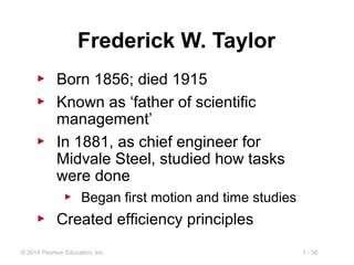 1 - 36© 2014 Pearson Education, Inc.
Frederick W. Taylor
▶ Born 1856; died 1915
▶ Known as ‘father of scientific
management’
▶ In 1881, as chief engineer for
Midvale Steel, studied how tasks
were done
▶ Began first motion and time studies
▶ Created efficiency principles
 