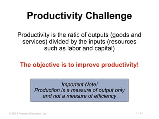 1 - 47© 2014 Pearson Education, Inc.
Productivity Challenge
Productivity is the ratio of outputs (goods and
services) divided by the inputs (resources
such as labor and capital)
The objective is to improve productivity!
Important Note!
Production is a measure of output only
and not a measure of efficiency
 