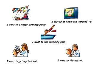 I stayed at home and watched TV.
I went to a happy birthday party.




                     I went to the swimming pool.




I went to get my hair cut.                I went to the doctor.
 