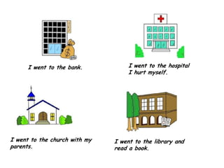 I went to the bank.           I went to the hospital
                                    I hurt myself.




I went to the church with my   I went to the library and
parents.                       read a book.
 