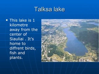 Talksa lake This lake is 1 kilometre away from the center of Siauliai . It’s home to diffrent birds, fish and plants.  