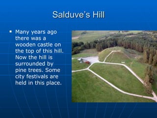 Salduve’s Hill Many years ago there was a wooden castle on the top of this hill. Now the hill is surrounded by pine trees. Some city festivals are held in this place.  