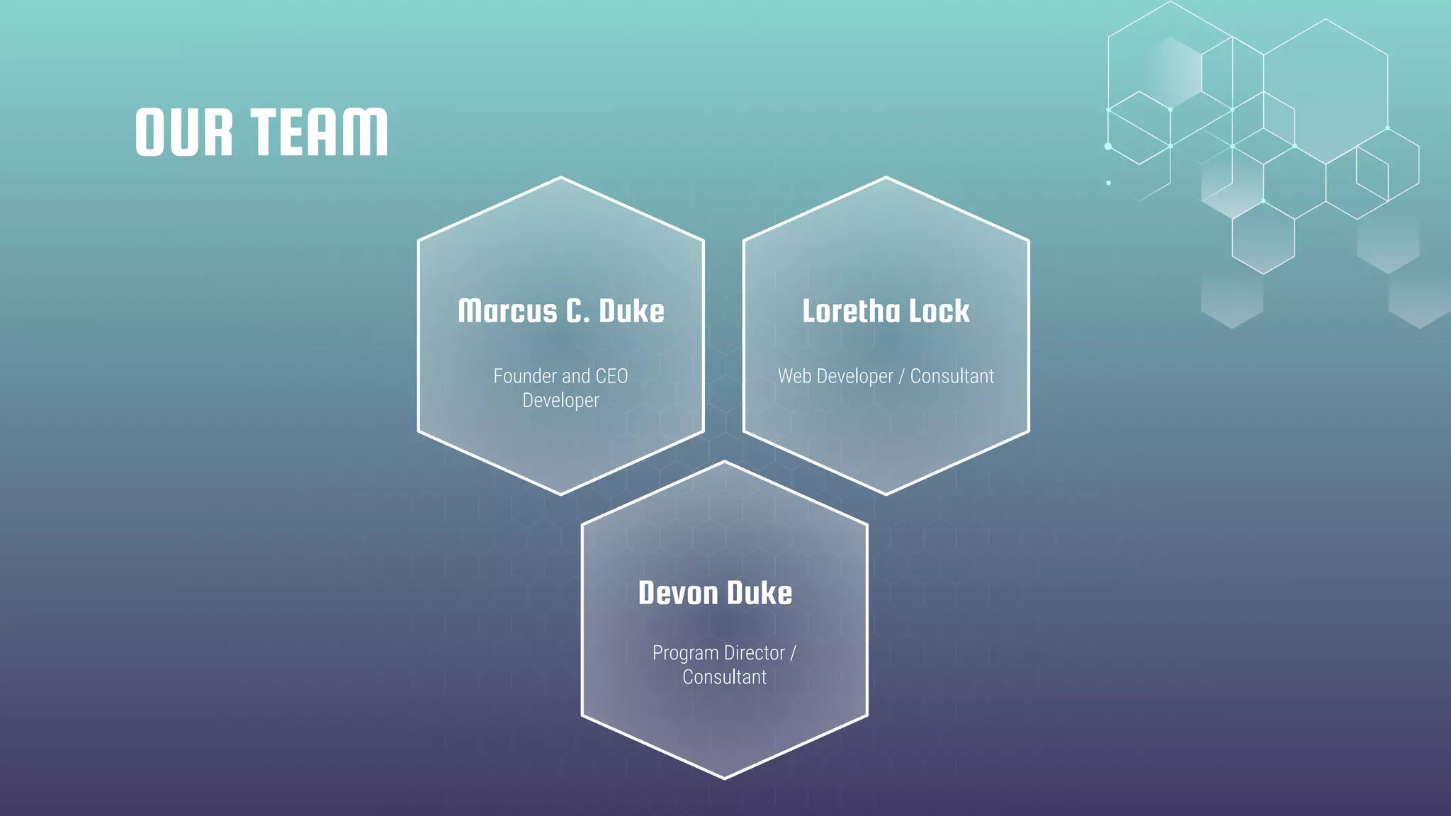 OUR TEAM
Marcus C. Duke
Founder and CEO
Developer
Loretha Lock
Web Developer / Consultant
Devon Duke
Program Director /
Consultant
 