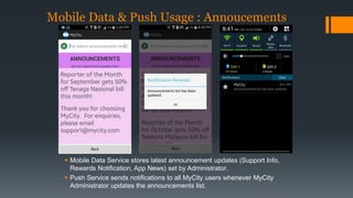 Mobile Data & Push Usage : Annoucements 
 Mobile Data Service stores latest announcement updates (Support Info, 
Rewards Notification, App News) set by Administrator. 
 Push Service sends notifications to all MyCity users whenever MyCity 
Administrator updates the announcements list. 
 