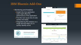 IBM Bluemix Add-Ons 
 Monitoring and Analytics 
Insight into how application 
code might affect the 
performance of the application. 
Find the root cause line of code 
quickly and easily. 
Integrated log file analysis on a 
single tab that helps you to 
quickly identify errors. 
 