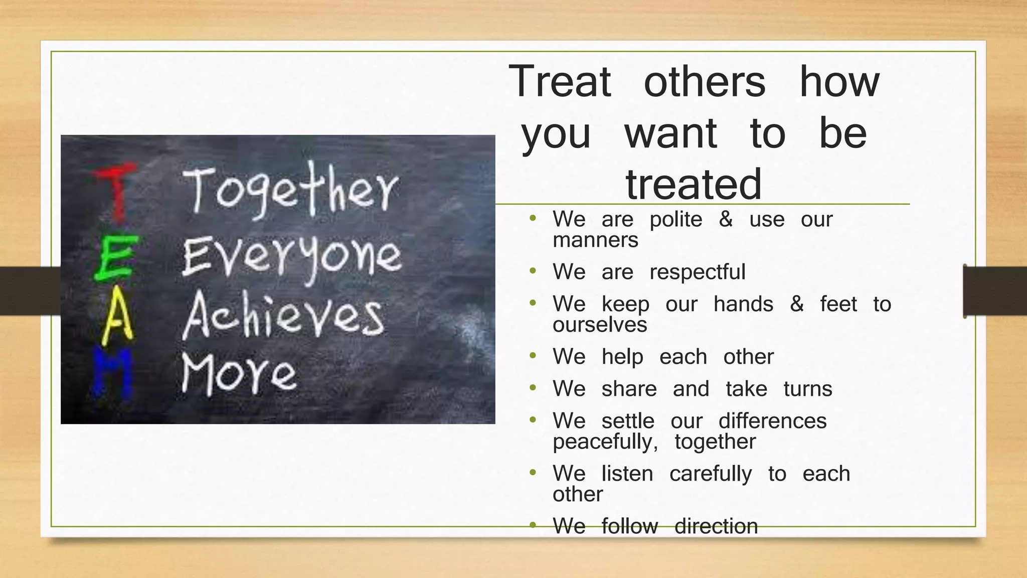 Treat others how
you want to be
treated
• We are polite & use our
manners
• We are respectful
• We keep our hands & feet to
ourselves
• We help each other
• We share and take turns
• We settle our differences
peacefully, together
• We listen carefully to each
other
• We follow direction
 