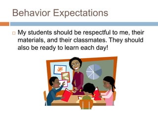 Behavior ExpectationsMy students should be respectful to me, their materials, and their classmates. They should also be ready to learn each day!