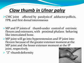 Claw thumb in Ulnar palsy
CMC joint affected by paralysisof adductorpollicis,
FPB, and first dorsalinterosseous
MP and IP jointsof thumbunder control of extrinsic
flexors and extensors, with proximal phalanx behaving
like intercalated bone.
MP joint will go into hyperextension and IP joint into
flexion becauseof thegreaterextensor momentat the
MP joint and the lesser extensor moment at the IP
joint, respectively.
 “Z”-thumbdeformity
 