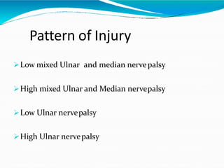 Pattern of Injury
Low mixed Ulnar and median nervepalsy
High mixed Ulnar and Median nervepalsy
Low Ulnar nervepalsy
High Ulnar nervepalsy
 