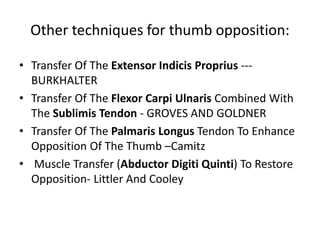 Other techniques for thumb opposition:
• Transfer Of The Extensor Indicis Proprius ---
BURKHALTER
• Transfer Of The Flexor Carpi Ulnaris Combined With
The Sublimis Tendon - GROVES AND GOLDNER
• Transfer Of The Palmaris Longus Tendon To Enhance
Opposition Of The Thumb –Camitz
• Muscle Transfer (Abductor Digiti Quinti) To Restore
Opposition- Littler And Cooley
 
