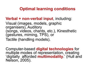 Optimal learning conditions
Verbal + non-verbal input, including:
Visual (images, models, graphic
organisers), Auditory
(songs, videos, chants, etc.), Kinesthetic
(gestures, miming, TPS), or
Tactile (handling models).
Computer-based digital technologies for
multiple modes of representation, creating
‘digitally afforded multimodality.’ (Hull and
Nelson, 2005).

 