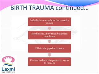 BIRTH TRAUMA continued…
Endothelium resurfaces the posterior
cornea
Synthesizes a new thick basement
membrane
Fills in the gap due to tears
Corneal oedema disappears in weeks
to months
 