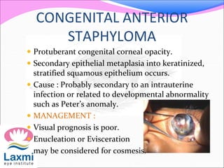 CONGENITAL ANTERIOR
STAPHYLOMA
 Protuberant congenital corneal opacity.
 Secondary epithelial metaplasia into keratinized,
stratified squamous epithelium occurs.
 Cause : Probably secondary to an intrauterine
infection or related to developmental abnormality
such as Peter’s anomaly.
 MANAGEMENT :
 Visual prognosis is poor.
 Enucleation or Evisceration
may be considered for cosmesis.
 