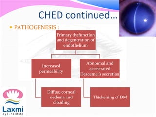 CHED continued…
 PATHOGENESIS :
Primary dysfunction
and degeneration of
endothelium
Increased
permeability
Diffuse corneal
oedema and
clouding
Abnormal and
accelerated
Descemet’s secretion
Thickening of DM
 