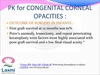 PK for CONGENITAL CORNEAL
OPACITIES :
 OUTCOME OF SURGERY IN INFANTS :
 First graft survival at 12 months was 61%
 Peter's anomaly, lensectomy, and repeat penetrating
keratoplasty were factors most highly associated with
poor graft survival and a low final visual acuity.*
*Comer RM, Daya SM, O'Keefe M. Penetrating keratoplasty in infants.
J AAPOS. 2001 Oct;5(5):285-90.
 