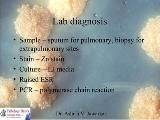 Lab diagnosis
• Sample – sputum for pulmonary, biopsy for
extrapulmonary sites
• Stain – Zn stain
• Culture – LJ media
• Raised ESR
• PCR – polymerase chain reaction
Dr. Ashish V. Jawarkar

 