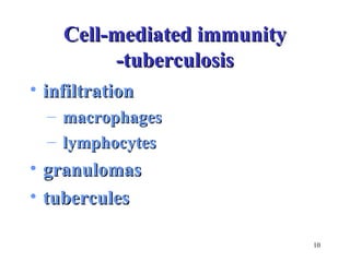10 
CCeellll--mmeeddiiaatteedd iimmmmuunniittyy 
--ttuubbeerrccuulloossiiss 
• iinnffiillttrraattiioonn 
– mmaaccrroopphhaaggeess 
– llyymmpphhooccyytteess 
• ggrraannuulloommaass 
• ttuubbeerrccuulleess 
 
