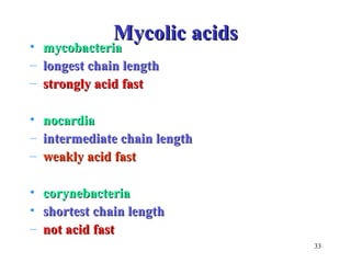 33 
MMyyccoolliicc aacciiddss 
• mmyyccoobbaacctteerriiaa 
– lloonnggeesstt cchhaaiinn lleennggtthh 
– ssttrroonnggllyy aacciidd ffaasstt 
• nnooccaarrddiiaa 
– iinntteerrmmeeddiiaattee cchhaaiinn lleennggtthh 
– wweeaakkllyy aacciidd ffaasstt 
• ccoorryynneebbaacctteerriiaa 
• sshhoorrtteesstt cchhaaiinn lleennggtthh 
– nnoott aacciidd ffaasstt 
 