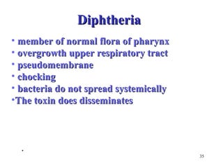 35 
• member ooff nnoorrmmaall fflloorraa ooff pphhaarryynnxx 
• oovveerrggrroowwtthh uuppppeerr rreessppiirraattoorryy ttrraacctt 
• ppsseeuuddoommeemmbbrraannee 
• cchhoocckkiinngg 
• bbaacctteerriiaa ddoo nnoott sspprreeaadd ssyysstteemmiiccaallllyy 
•TThhee ttooxxiinn ddooeess ddiisssseemmiinnaatteess 
. 
DDiipphhtthheerriiaa 
 