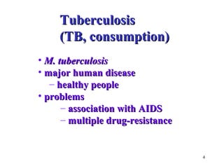 4 
TTuubbeerrccuulloossiiss 
((TTBB,, ccoonnssuummppttiioonn)) 
• MM.. ttuubbeerrccuulloossiiss 
• mmaajjoorr hhuummaann ddiisseeaassee 
– hheeaalltthhyy ppeeooppllee 
• pprroobblleemmss 
– aassssoocciiaattiioonn wwiitthh AAIIDDSS 
– mmuullttiippllee ddrruugg--rreessiissttaannccee 
 