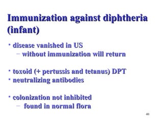 IImmmmuunniizzaattiioonn aaggaaiinnsstt ddiipphhtthheerriiaa 
((iinnffaanntt)) 
40 
• ddiisseeaassee vvaanniisshheedd iinn UUSS 
– wwiitthhoouutt iimmmmuunniizzaattiioonn wwiillll rreettuurrnn 
• ttooxxooiidd ((++ ppeerrttuussssiiss aanndd tteettaannuuss)) DDPPTT 
• nneeuuttrraalliizziinngg aannttiibbooddiieess 
• ccoolloonniizzaattiioonn nnoott iinnhhiibbiitteedd 
– ffoouunndd iinn nnoorrmmaall fflloorraa 
 