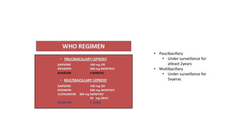 • Paucibacillary
• Under surveillance for
atleast 2years
• Multibacillary
• Under surveillance for
5vyeras
 