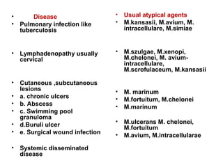• Disease
• Pulmonary infection like
tuberculosis
• Lymphadenopathy usually
cervical
• Cutaneous ,subcutaneous
lesions
• a. chronic ulcers
• b. Abscess
• c. Swimming pool
granuloma
• d.Buruli ulcer
• e. Surgical wound infection
• Systemic disseminated
disease
• Usual atypical agents
• M.kansasii, M.avium, M.
intracellulare, M.simiae
• M.szulgae, M.xenopi,
M.chelonei, M. avium-
intracellulare,
M.scrofulaceum, M.kansasii
• M. marinum
• M.fortuitum, M.chelonei
• M.marinum
• M.ulcerans M. chelonei,
M.fortuitum
• M.avium, M.intracellularae
 