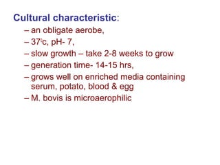 Cultural characteristic:
– an obligate aerobe,
– 370
c, pH- 7,
– slow growth – take 2-8 weeks to grow
– generation time- 14-15 hrs,
– grows well on enriched media containing
serum, potato, blood & egg
– M. bovis is microaerophilic
 