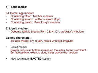 1) Solid media:
LJ, Dorset egg medium
• Containing blood: Tarshis medium
• Containing serum: Loeffler’s serum slope
• Containing potato: Pawolosky’s medium
2) Liquid medium:
Dubbo’s, Middle brook’s(7H-10 & H-12) , proskaur’s medium
Colony characters:
on solid media: dry, rough, raised wrinkled, irregular
• Liquid media:
growth occurs as bottom creeps up the sides, forms prominent
surface pellicle, extends along sides above the medium
• New technique: BACTEC system
 