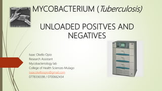MYCOBACTERIUM (Tuberculosis)
UNLOADED POSITVES AND
NEGATIVES
Isaac Okello Opio
Research Assistant
Mycobacteriology lab
College of Health Sciences-Mulago
isaacokelloopio@gmail.com
0778336598 / 0700662434
 