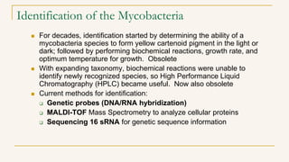 Identification of the Mycobacteria
 For decades, identification started by determining the ability of a
mycobacteria species to form yellow cartenoid pigment in the light or
dark; followed by performing biochemical reactions, growth rate, and
optimum temperature for growth. Obsolete
 With expanding taxonomy, biochemical reactions were unable to
identify newly recognized species, so High Performance Liquid
Chromatography (HPLC) became useful. Now also obsolete
 Current methods for identification:
 Genetic probes (DNA/RNA hybridization)
 MALDI-TOF Mass Spectrometry to analyze cellular proteins
 Sequencing 16 sRNA for genetic sequence information
 