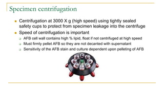Specimen centrifugation
 Centrifugation at 3000 X g (high speed) using tightly sealed
safety cups to protect from specimen leakage into the centrifuge
 Speed of centrifugation is important
 AFB cell wall contains high % lipid, float if not centrifuged at high speed
 Must firmly pellet AFB so they are not decanted with supernatant
 Sensitivity of the AFB stain and culture dependent upon pelleting of AFB
 