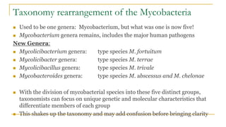 Taxonomy rearrangement of the Mycobacteria
 Used to be one genera: Mycobacterium, but what was one is now five!
 Mycobacterium genera remains, includes the major human pathogens
New Genera:
 Mycolicibacterium genera: type species M. fortuitum
 Mycolicibacter genera: type species M. terrae
 Mycolicibacillus genera: type species M. trivale
 Mycobacteroides genera: type species M. abscessus and M. chelonae
 With the division of mycobacterial species into these five distinct groups,
taxonomists can focus on unique genetic and molecular characteristics that
differentiate members of each group
 This shakes up the taxonomy and may add confusion before bringing clarity
 