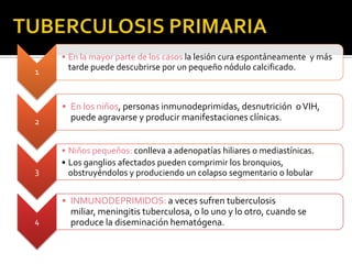 1

• En la mayor parte de los casos la lesión cura espontáneamente y más
tarde puede descubrirse por un pequeño nódulo calcificado.

2

• En los niños, personas inmunodeprimidas, desnutrición o VIH,
puede agravarse y producir manifestaciones clínicas.

3

• Niños pequeños: conlleva a adenopatías hiliares o mediastínicas.
• Los ganglios afectados pueden comprimir los bronquios,
obstruyéndolos y produciendo un colapso segmentario o lobular

4

• INMUNODEPRIMIDOS: a veces sufren tuberculosis
miliar, meningitis tuberculosa, o lo uno y lo otro, cuando se
produce la diseminación hematógena.

 